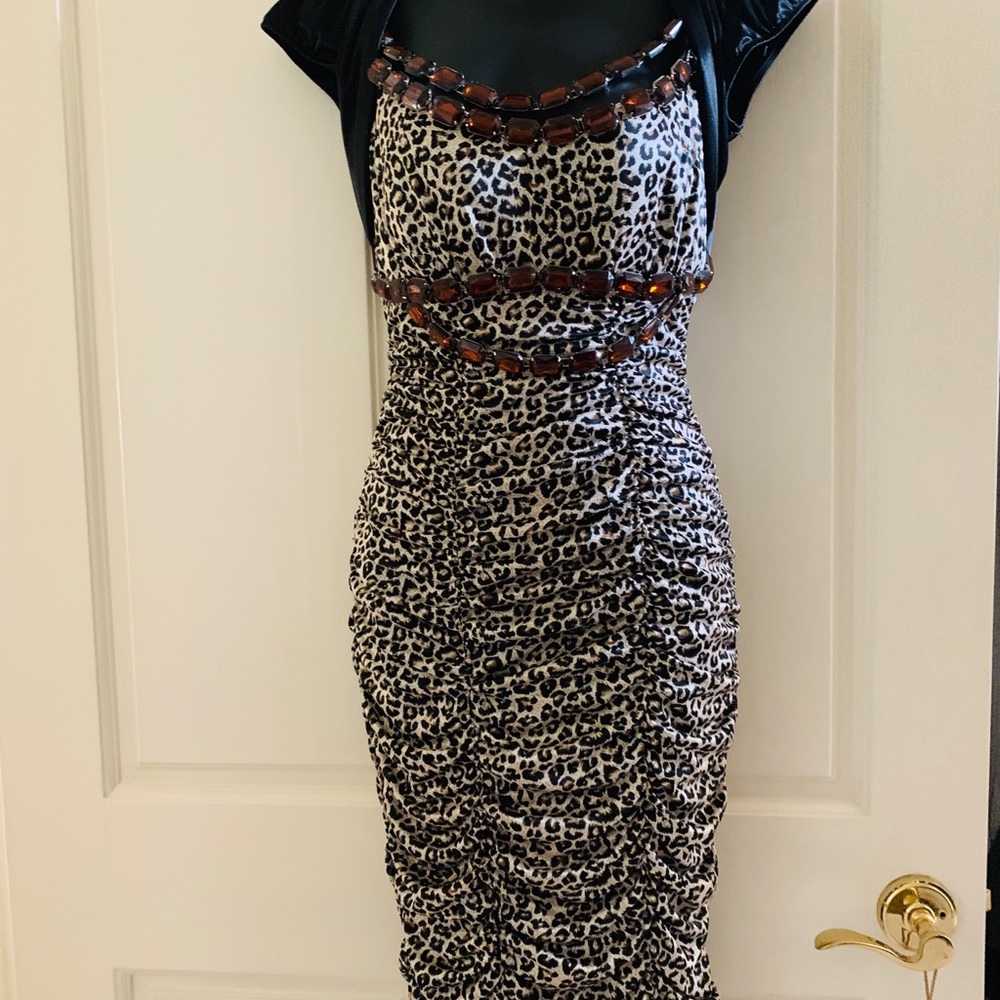 Ruched gathered leopard rhinestone midi dress